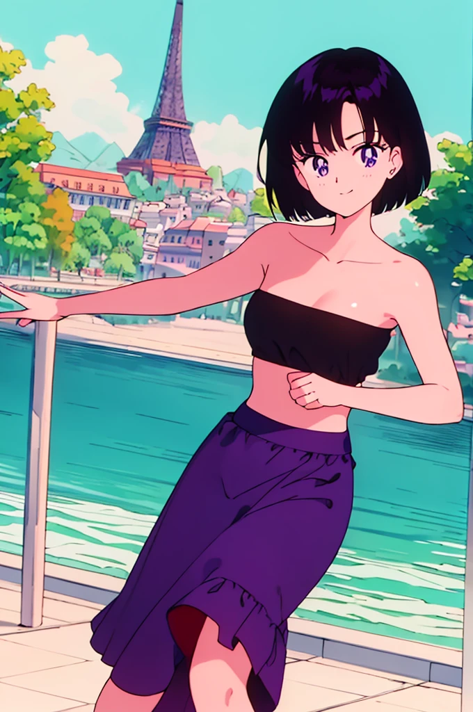Best quality, masterpiece, Teenager, Hotaru Tomoe, Purple Eyes, short hair, Black Hair, Bob Hair, Bob Haircut, Smile, Bare Neck, Bare Arms, Bare Shoulders, Strapless, a flamenco dress, orange ruffle off-the-shoulder top, black maxi skirt, cleavage, seductive, Standing Up, holding skirt, sunny day, canals, Park Background, 1 girl, solo