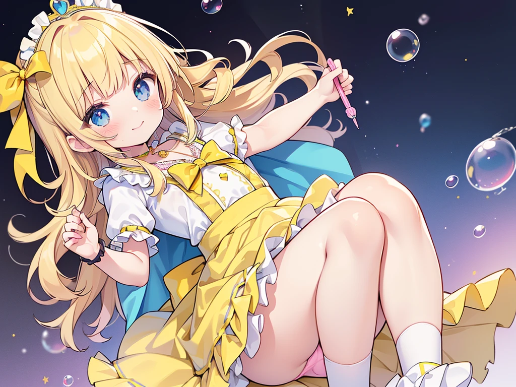 photo realistic, (masterpiece,best quality:1.4),(8k,raw photo,photo realistic:1.2),Not Safe for Work, detailed skin,detailed face,1girl,princess,Alice in Wonderland,cute face, super resolution,retro realistic details Illustration,,{{{elaborate,intricately,fantastic,delicately,tremendous,meticulous,minute,incredibly,obsessed,artisan's,subtle,virtuoso,skillful,vibrant, vivid, complex}}}, clearly focus edge, fresh natural gradation, best quality, amazing quality, very aesthetic, absurdres, pubisure, ((yellow, checkered, frilled, yellow layered, yellow mini skirt, overskirt)), ((White ruffle apron)), ((shiny wavy hair)), diadems, ankle boots, up-skirt, doress, (((jumping))), feet up, (yellow frilled shirt), yellow gothic dresses, shairband, shortsleeves, the bow hair, happy, ;p, medium bob, (blonde hair), ((wavy hair)), shimmering eyes, Blue eyes, ((yellow shairband)), (((Pink frilled Panties))), (((skirt-lift))), a smile, red blush, yellow Doress, Alice (Alice in Wonderland), (((cape))), White frilled legwear, ((yellow the Bow)), Puffy Sleeves, Bangss, shortsleeves, ((yellow bow ribbon)), long hair, (White frilled apron), (((tiara))), (((Holding a cute magic wand))). White frilled legwear, frilld, yellow gothic dresses,: q, ((Heart necklace)), ((ring)), masterpiece, top-quality, not safe for work, Little Girl, child, 14 yo, braided bangs, arm garter, baby face ,twinkle in the eye, flat chest, yumekawa,yumekawaii,pastel color, imagination, ((soap bubbles)), heart background, (water-color), ((Multicolored lights)), (Design sheet:1.3), (multi-angle and detailed view:1.3),