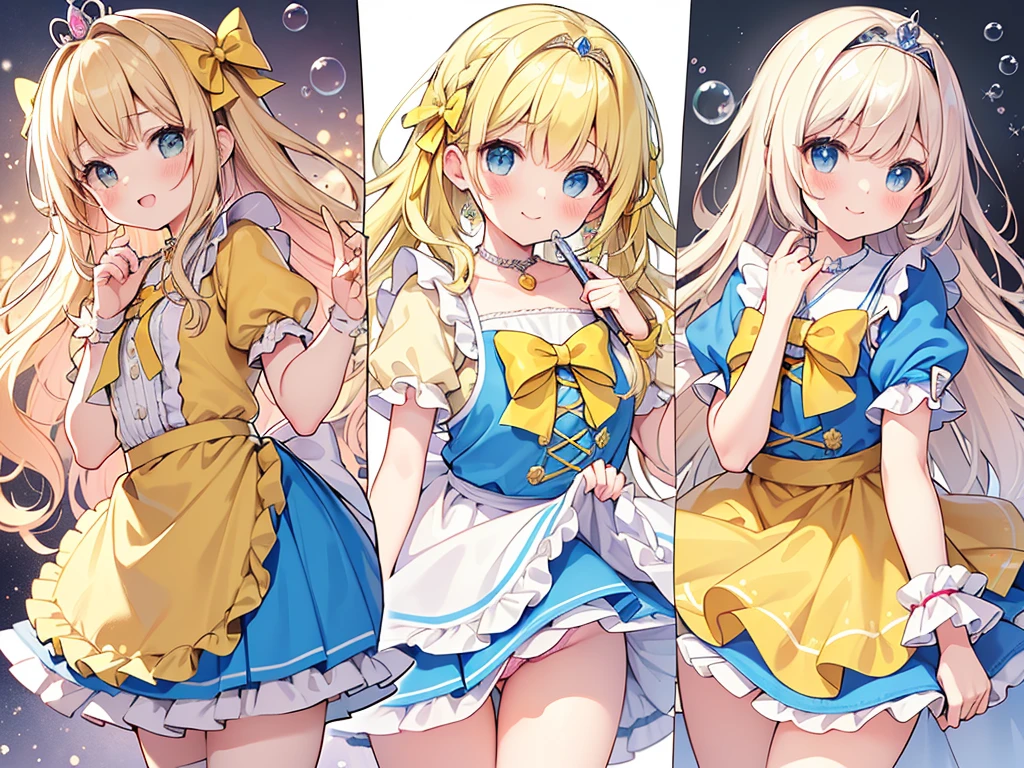 photo realistic, (masterpiece,best quality:1.4),(8k,raw photo,photo realistic:1.2),Not Safe for Work, detailed skin,detailed face,1girl,princess,Alice in Wonderland,cute face, super resolution,retro realistic details Illustration,,{{{elaborate,intricately,fantastic,delicately,tremendous,meticulous,minute,incredibly,obsessed,artisan's,subtle,virtuoso,skillful,vibrant, vivid, complex}}}, clearly focus edge, fresh natural gradation, best quality, amazing quality, very aesthetic, absurdres, pubisure, ((yellow, checkered, frilled, yellow layered, yellow mini skirt, overskirt)), ((White ruffle apron)), ((shiny wavy hair)), diadems, ankle boots, up-skirt, doress, (((jumping))), feet up, (yellow frilled shirt), yellow gothic dresses, shairband, shortsleeves, the bow hair, happy, ;p, medium bob, (blonde hair), ((wavy hair)), shimmering eyes, Blue eyes, ((yellow shairband)), (((Pink frilled Panties))), (((skirt-lift))), a smile, red blush, yellow Doress, Alice (Alice in Wonderland), (((cape))), White frilled legwear, ((yellow the Bow)), Puffy Sleeves, Bangss, shortsleeves, ((yellow bow ribbon)), long hair, (White frilled apron), (((tiara))), (((Holding a cute magic wand))). White frilled legwear, frilld, yellow gothic dresses,: q, ((Heart necklace)), ((ring)), masterpiece, top-quality, not safe for work, , child, 14 yo, braided bangs, arm garter, baby face ,twinkle in the eye, flat chest, yumekawa,yumekawaii,pastel color, imagination, ((soap bubbles)), heart background, (water-color), ((Multicolored lights)), (Design sheet:1.3), (multi-angle and detailed view:1.3),