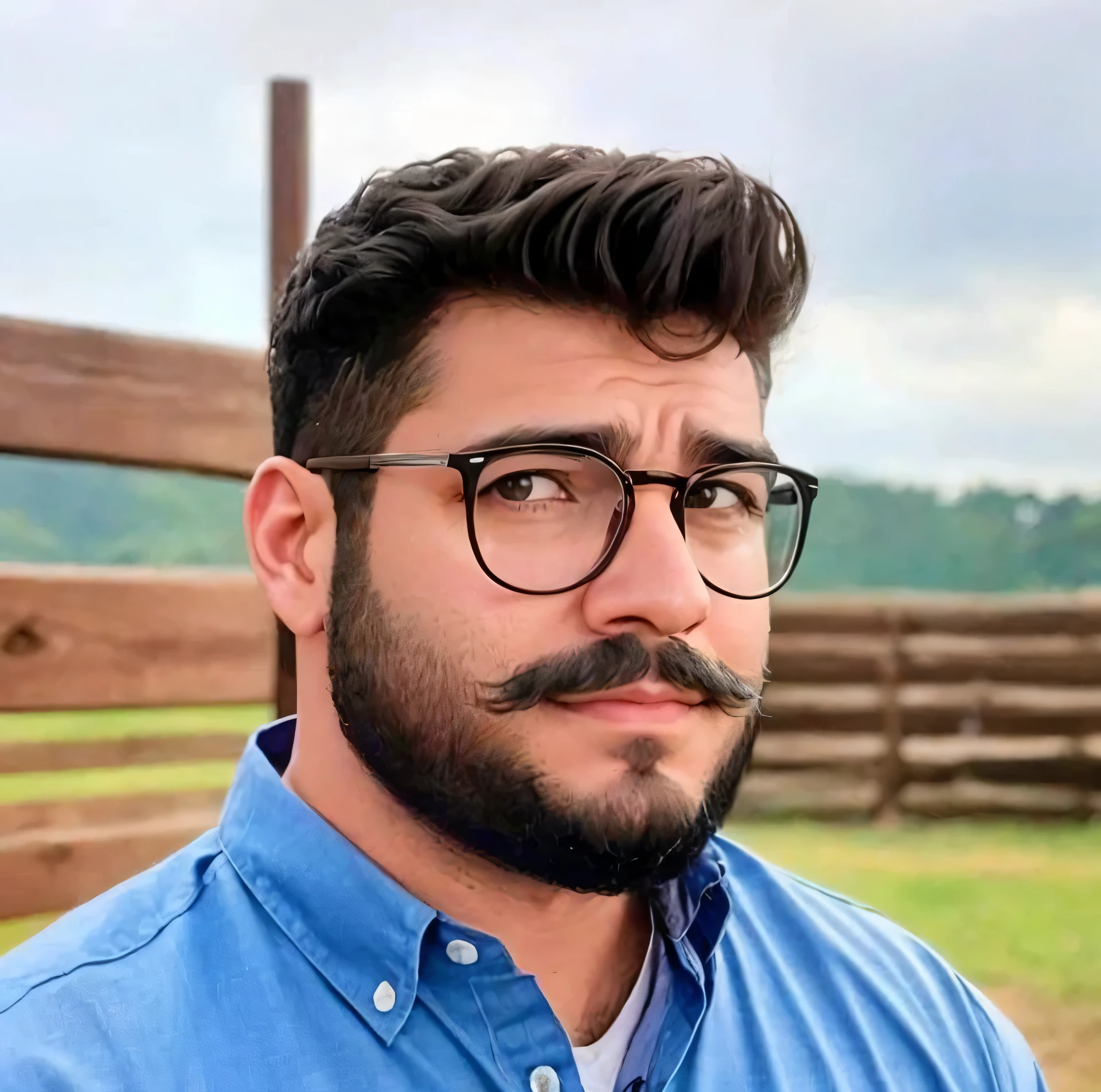 arafed man with glasses and a beard standing in front of a fence, homem muito atraente com barba, com uma pequena barba, profile picture with headshot, with glasses and goatee, aykut aydogdu, with nerdy glasses and a goatee, bigode grosso, man with glasses, imagem de perfil, mother'bigode, barba arrumada, com bigode aparado, Foto real, qualidade 4K, alta qualidade, High definition