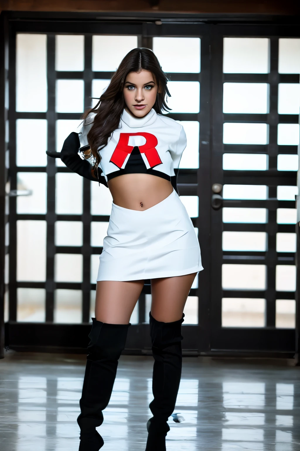 a Realistic photo of b4rb4r4p4lv1n woman wearing team rocket,team rocket uniform,white skirt,red letter R,crop top,black thigh-highs,black elbow gloves,