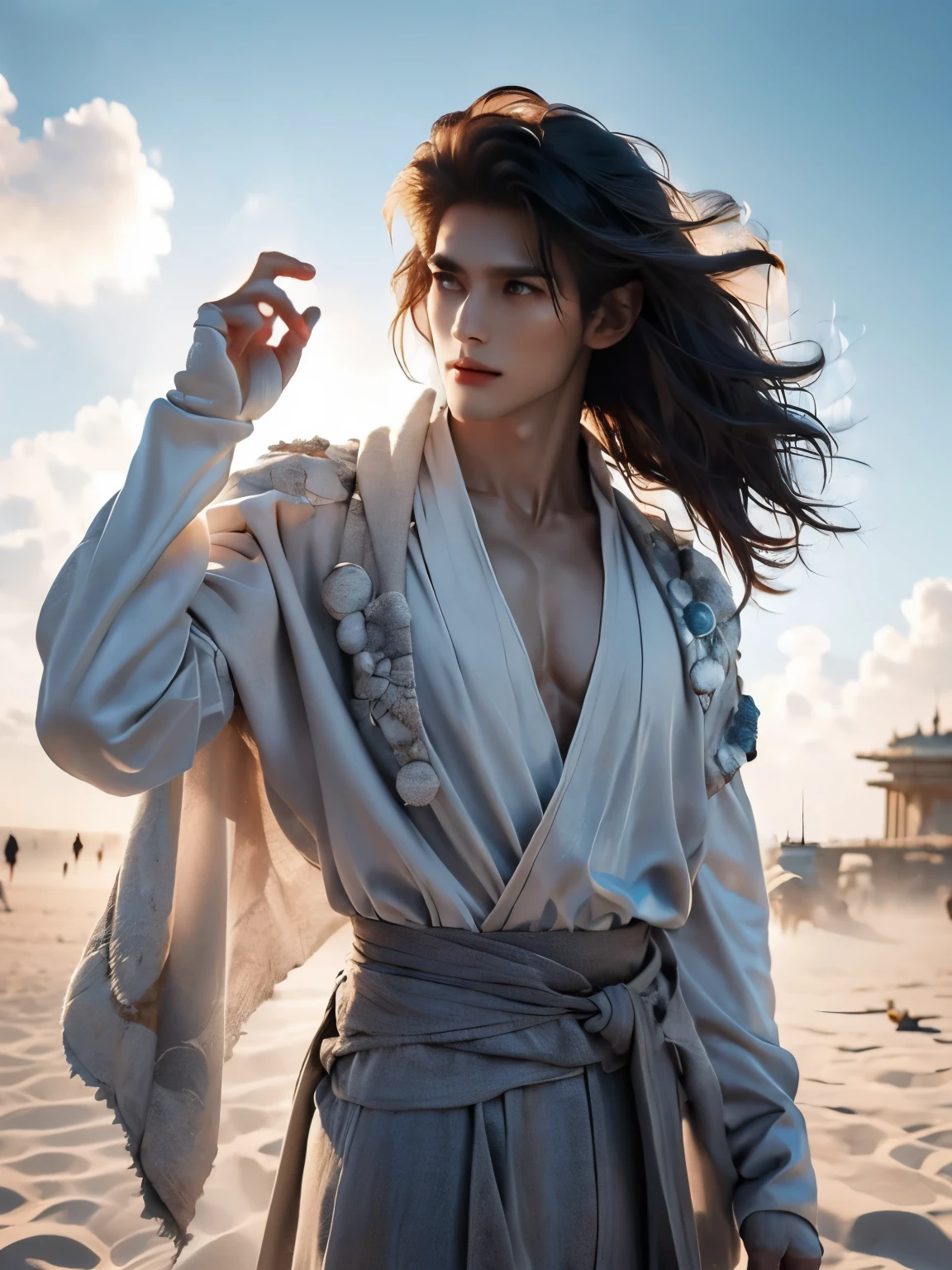 Delphine Enjolras (Delphin Enjolras) style, character concept design, Half body, (male character design),Messy white long hair,(Melancholic handsome guy Pan An is flying in the clouds:1.37),(Pan An’s outfits for modern and fashionable men's blue sweater suit pants:1.37),Pan An’s skin is fair and flawless,The bridge of his nose is high and straight,(long,Messy shawl hair:1.1),(double eyelids, Bright Eyes, Big clear and bright eyes),sad prince,Food with red lips and white teeth,gentle melancholy,Pan An is tall and tall.,He has a strong physique,Toned muscles,Fresh and toned abs, His exquisite facial features,Kingly style, (Main color blue:0.8)