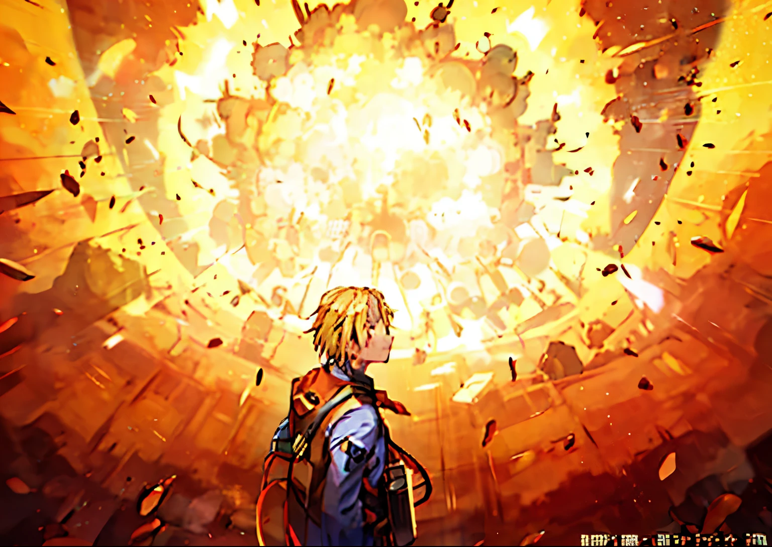 anime man looking at a huge explosion of yellow and red, the explosion from akira, today's featured anime still, screenshot from the anime film, anime still film anime shikishi, official studio anime still, looks at the big explosion, explosion in the background, official anime still, explosion in background, big explosion, huge explosions everywhere, still from tv anime