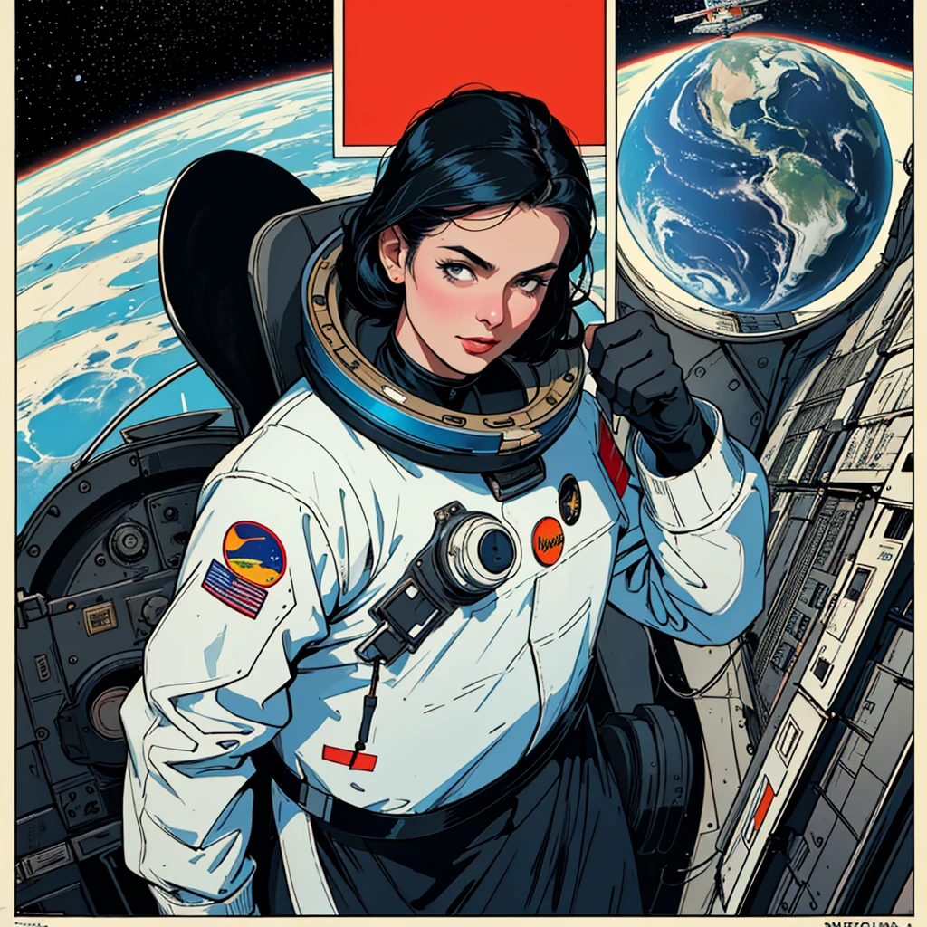 32k,highest quality,(Perfect One Woman),60's,70's,80's,old movie posters,universe,retro,vintage,bauhaus,abstract,Space Thriller Movie Poster,Futuristic,shape,OK,propaganda,war,universe飛OK士,cosmos,galaxy,satellite,satellite,