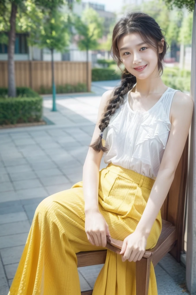 35mm photo, Shen Huixing, girl, woman, outdoors, smile, single braid, highres, super detail, Super high saturation, bright and vivid colors, (best quality, masterpiece, Representative work, official art, Professional, 8k)