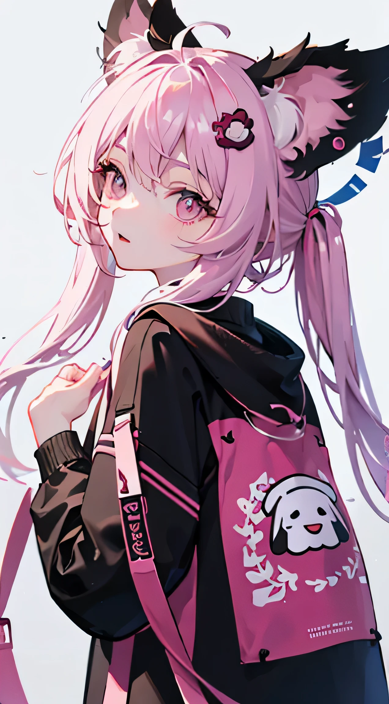cartoon 《chibi girl》,pastel colors, vector style, Y2K hoodie,Speechless, Only pictures,dog ears,simple background