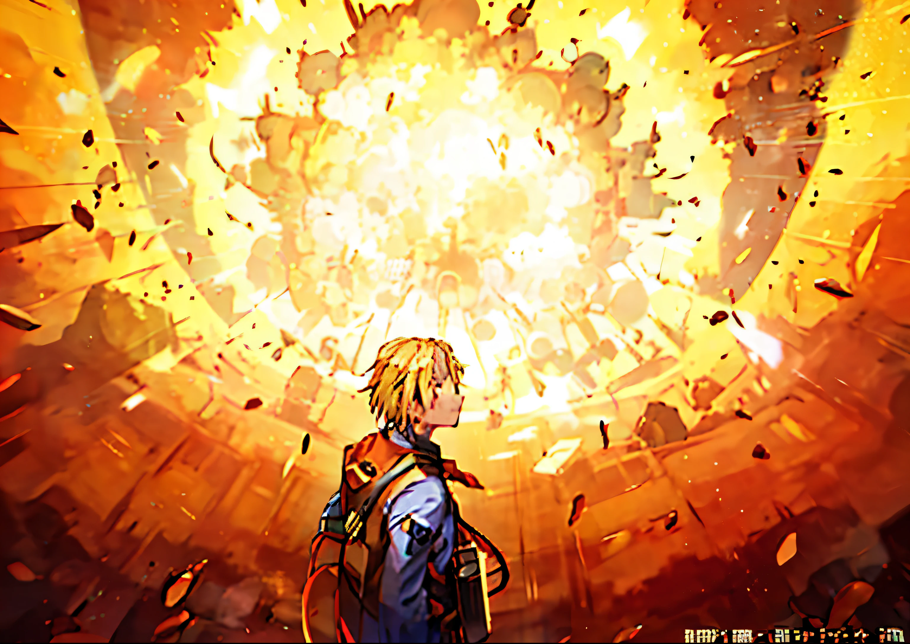 anime man looking at a huge explosion of yellow and red, the explosion from akira, today's featured anime still, screenshot from the anime film, anime still film anime shikishi, official studio anime still, looks at the big explosion, explosion in the background, official anime still, explosion in background, big explosion, huge explosions everywhere, still from tv anime