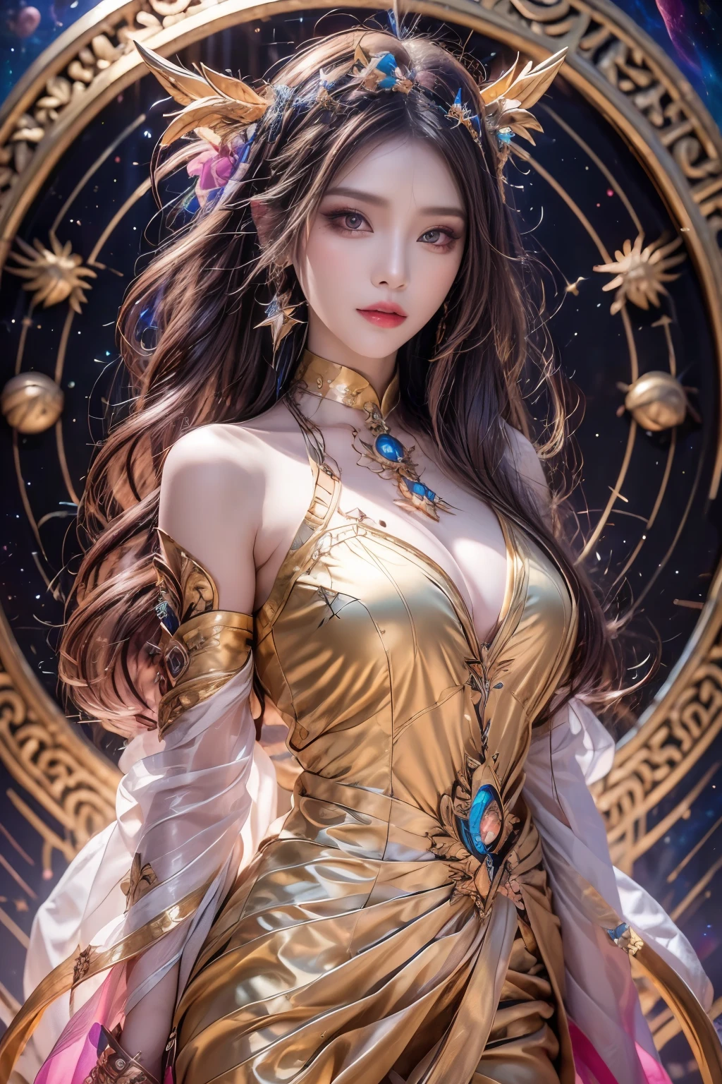 1 goddess of the zodiac from the future, wear the ao dai of the goddess of the zodiac to cover her chest, the goddess of the zodiac wears a bright yellow gold bodice, the goddess radiates a bright pink purple zodiac aura, the stars have the shape of the 12 zodiac signs, the goddess of the zodiac wearing a golden zodiac ao dai with many black details, the mythical goddess of the 12 zodiacs from the future, Zodiac sign ♏, zodiac style, dark and mystic version, Plump boobs, Red lips are balanced and very beautiful, character by karol bak and pino daeni, intricate details, detailed background, many object of background, extra highly detailed, magic lighting, a woman, clearly drawn face, beautiful face and symmetry eyes, big round eyes and very beautiful and detailed makeup, distant focus, silk clothing, mystic adornment, upper body portrait, arms loose, Realistic and vivid photo, (stars that make up the zodiac: 1.7), (zodiac sky background and fantasy portal of space and time: 1.8 ), fiction art, RAW images, style fantasy hanfu, long sleeves that cover 2 hands, 2 outstretched arms,