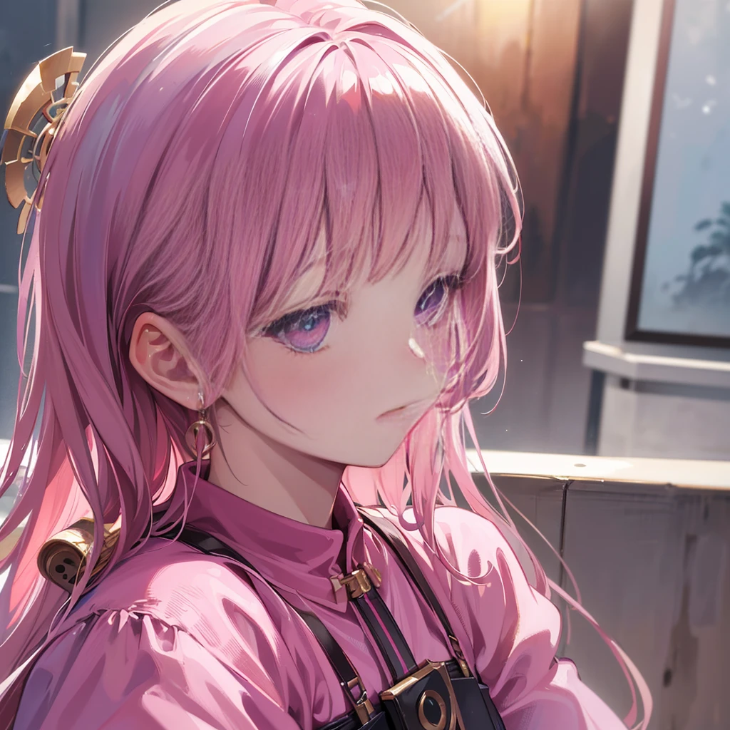 8K, highest quality, masterpiece, ultra high resolution, (realism: 1.4), Original photo, (realistic skin texture: 1.3), (film grain: 1.3), (selfie angle), 1 girl, pink clothes, Sapphire colored eyes and beautiful facial details, masterpiece, highest quality, close, Upper body