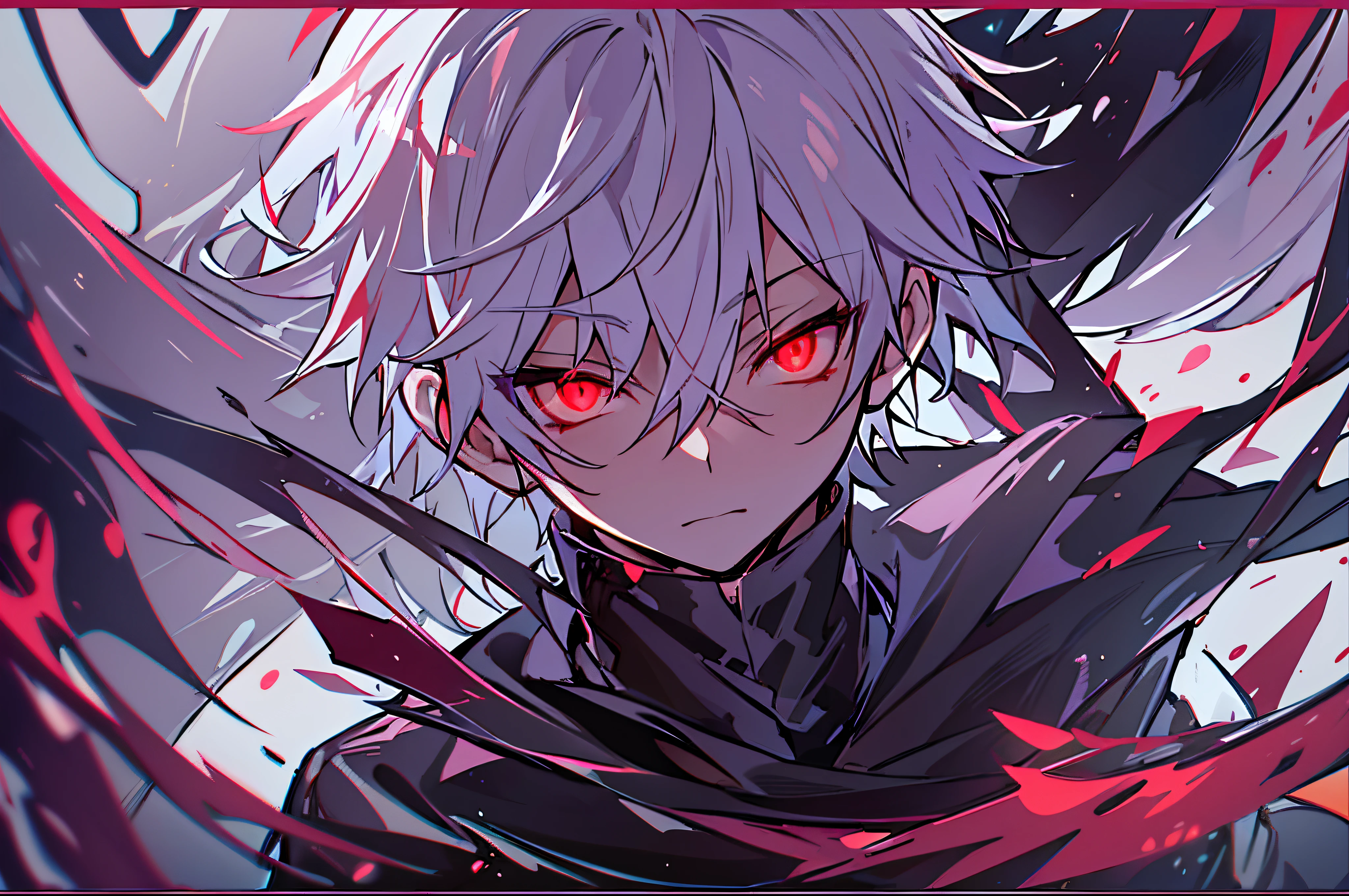 hight resolution,close range、Anime boy with white hair and red eyes staring at camera, Glowing red eyes,slim, dressed in a black outfit,Shadow Body,colorful backdrop,hair messy,yameroyandere, Diagonal angle