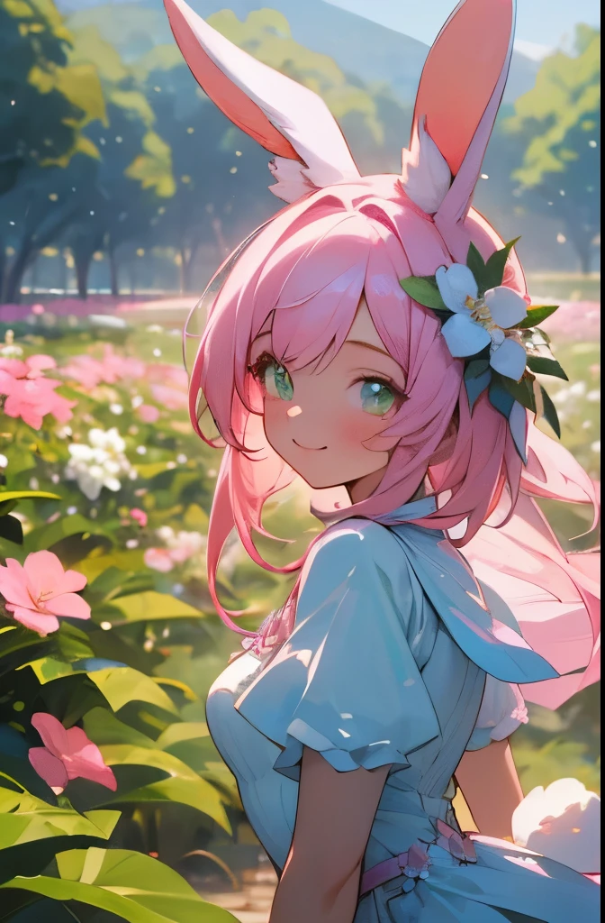 (upper body), (Best quality at best, A high resolution), (like a dream, a vibrant one), (detailed, Be expressive, aesthetic)1 girl, smile, active posing, beauty, light pink hair, rabbit ears costume, light green eyes, clear eyes, landscape, in the flower garden