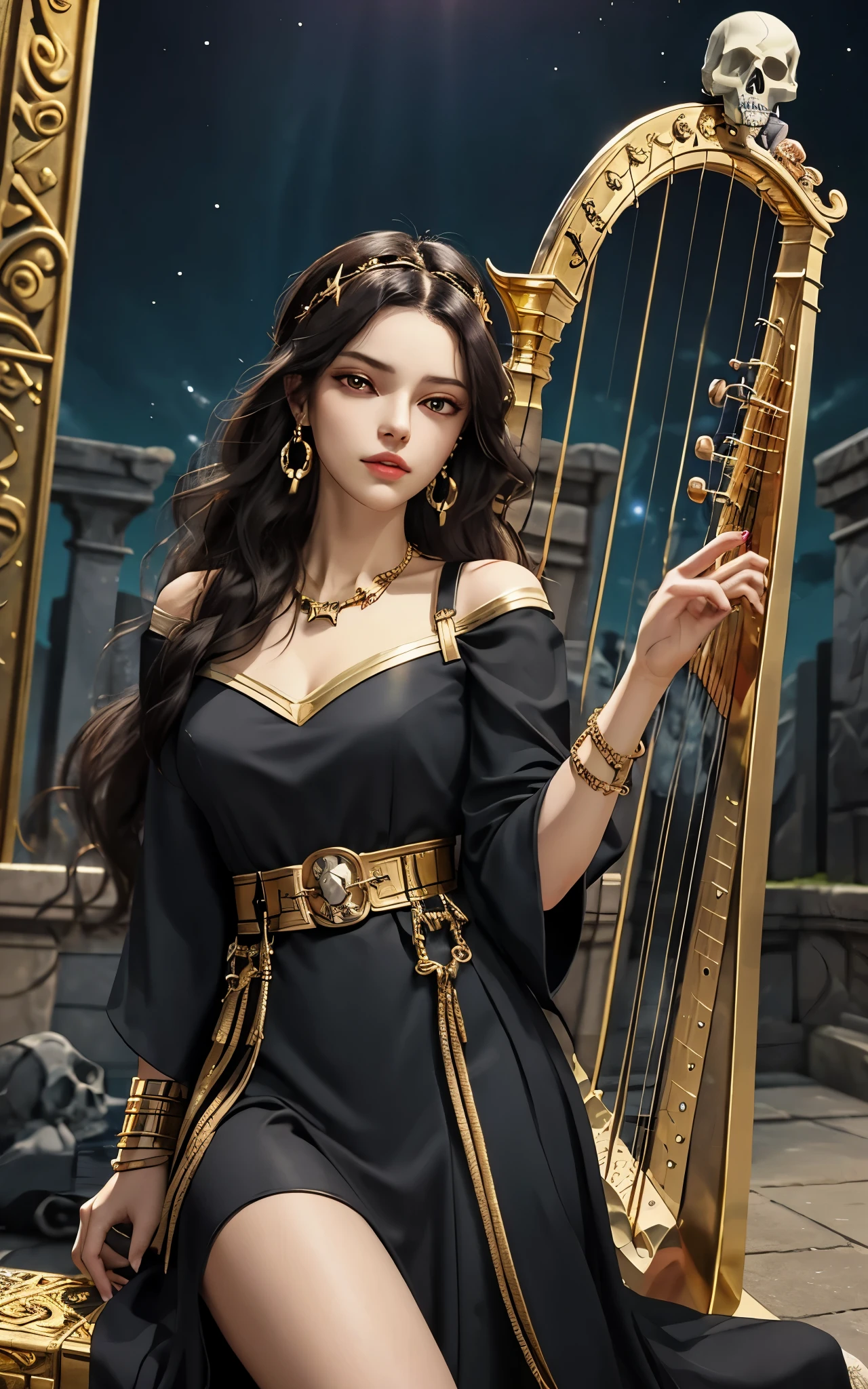 1 girl, solo, details, masterpiece, best quality, photorealistic realism, beautiful girl, long hair, black hair, skull headband, gold earrings, red eyes, beautiful face, skull necklace, perfect body, large breast, open chest, black long dress, skull bracelet, gold earrings, gold belt, musical instrument, harp, sit on ancient chair, dark sky, dark temple,
