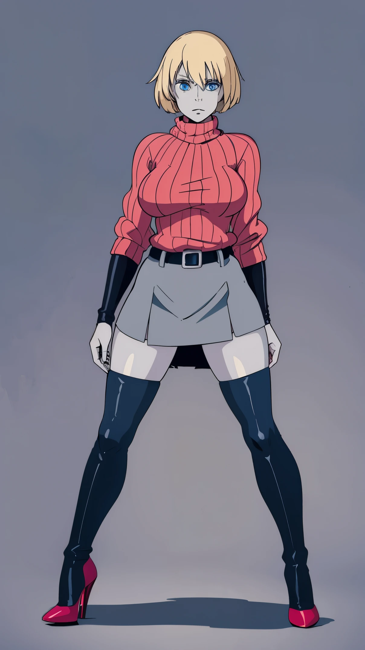 anime character of a woman with a red top and brown pants, in the anime film ergo proxy, blue and red clothes, standing, brown shoes