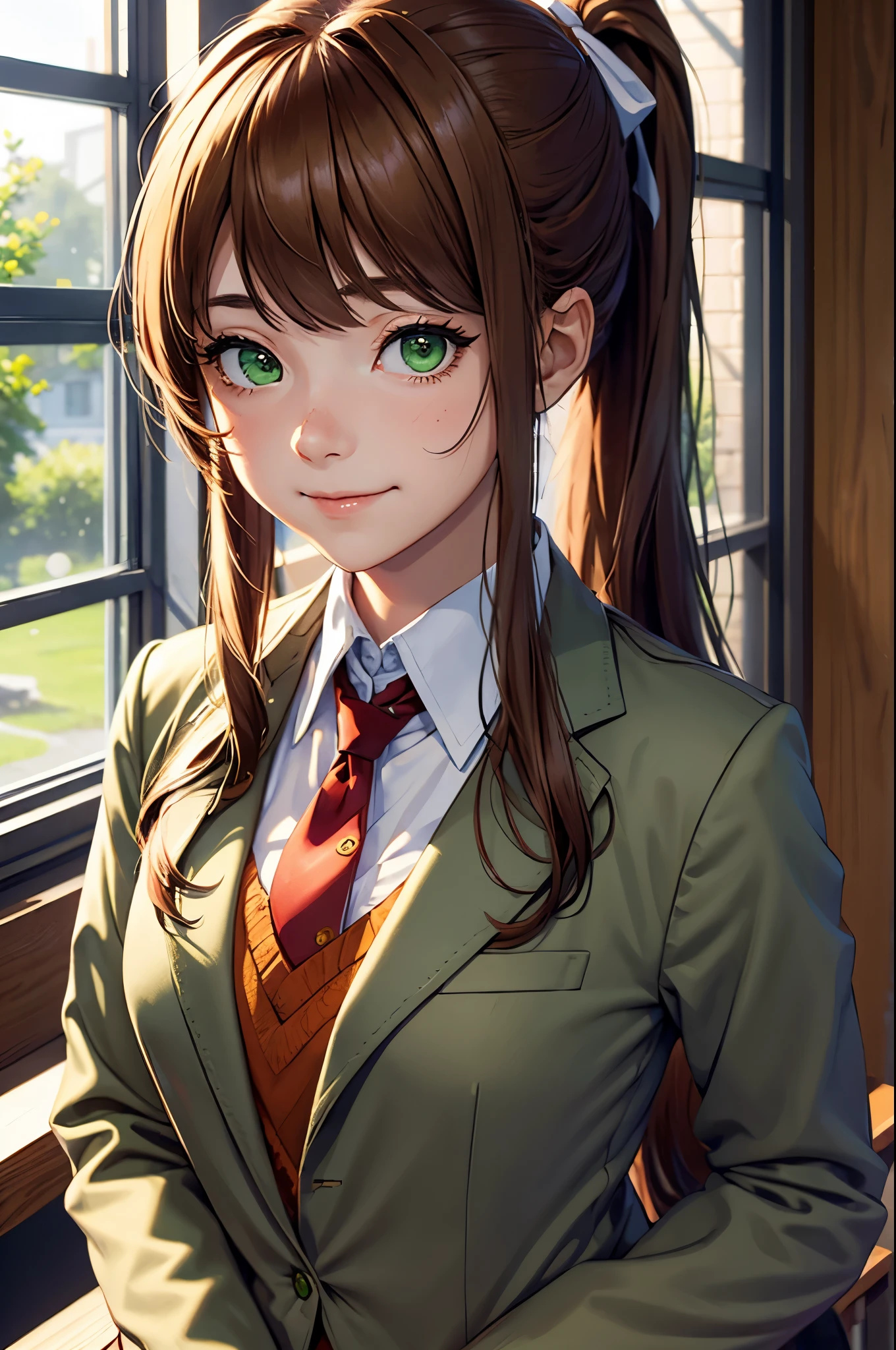 (face portrait:1.2), upper body, (masterpiece), best quality, expressive eyes, perfect face, highres, 1 girl, solo, ddlcmonika, blunt bangs, brown hair, (green eyes:1.5), long hair, ponytail, ribbon, white ribbon, hair ribbon, sidelocks, brown jacket, jacket, long sleeves, school uniform, zettai ryouiki, smiling, indoors, classroom background, standing, looking at the viewer