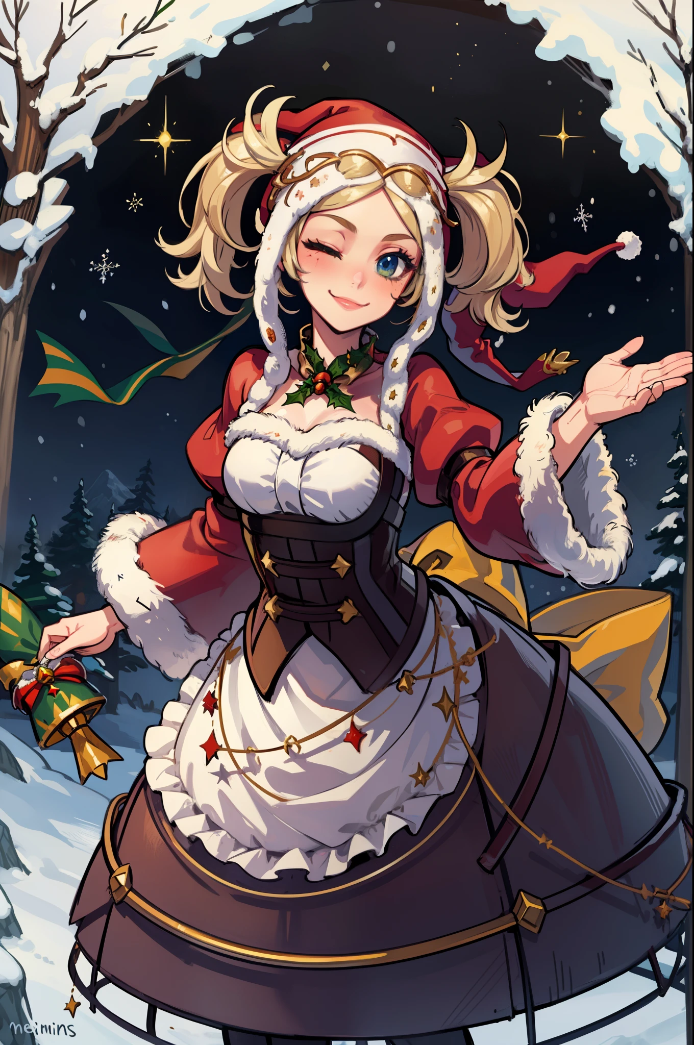 masterpiece, best quality, lissa, santa hat, santa costume, fur trim, smile, one eye closed, salute, winter, mistletoe, trees, snow, alpine forest 