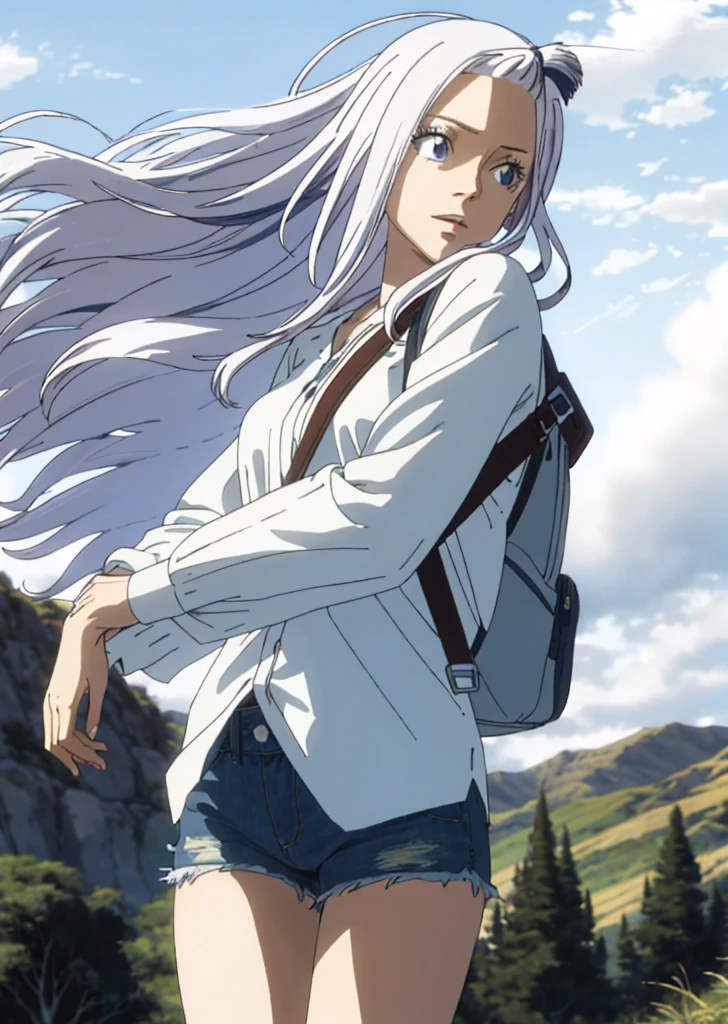 (beautiful and magnificent skyline, majestic sky), (extremely tense and dramatic pictures, moving visual effects), (high hanging Polaris, colorful natural light), (1girl), (long-sleeved top, denim shorts, carrying a backpack), (dynamic pose:1.3, blue eyes, white hime-cut hair, sparkling girl)[:0.8], (large grassland), (oncoming breeze), (White hair and background Coordination effect: 1.2), (close shot, long shot mix and match)[::0.9]