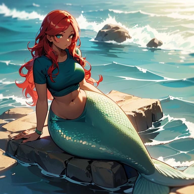 (((Alone))),(((Mermaid Woman))),(((Dark skin))),(((Green right eye))),(((Blue left eye))),(((Hair wavy redhead))),(curvy body), 8k, high quality,(((wearing a cute top))),(((sitting on a rock surrounded by the sea)))