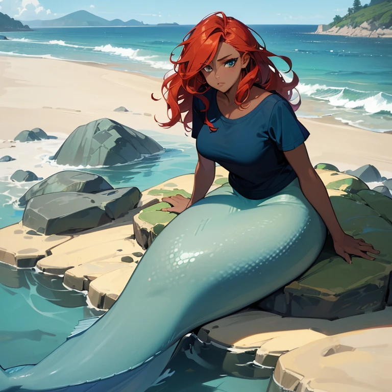 (((Alone))),(((Mermaid Woman))),(((Dark skin))),(((Green right eye))),(((Blue left eye))),(((Hair wavy redhead))),(curvy body), 8k, high quality,(((wearing a cute top))),(((sitting on a rock surrounded by the sea)))