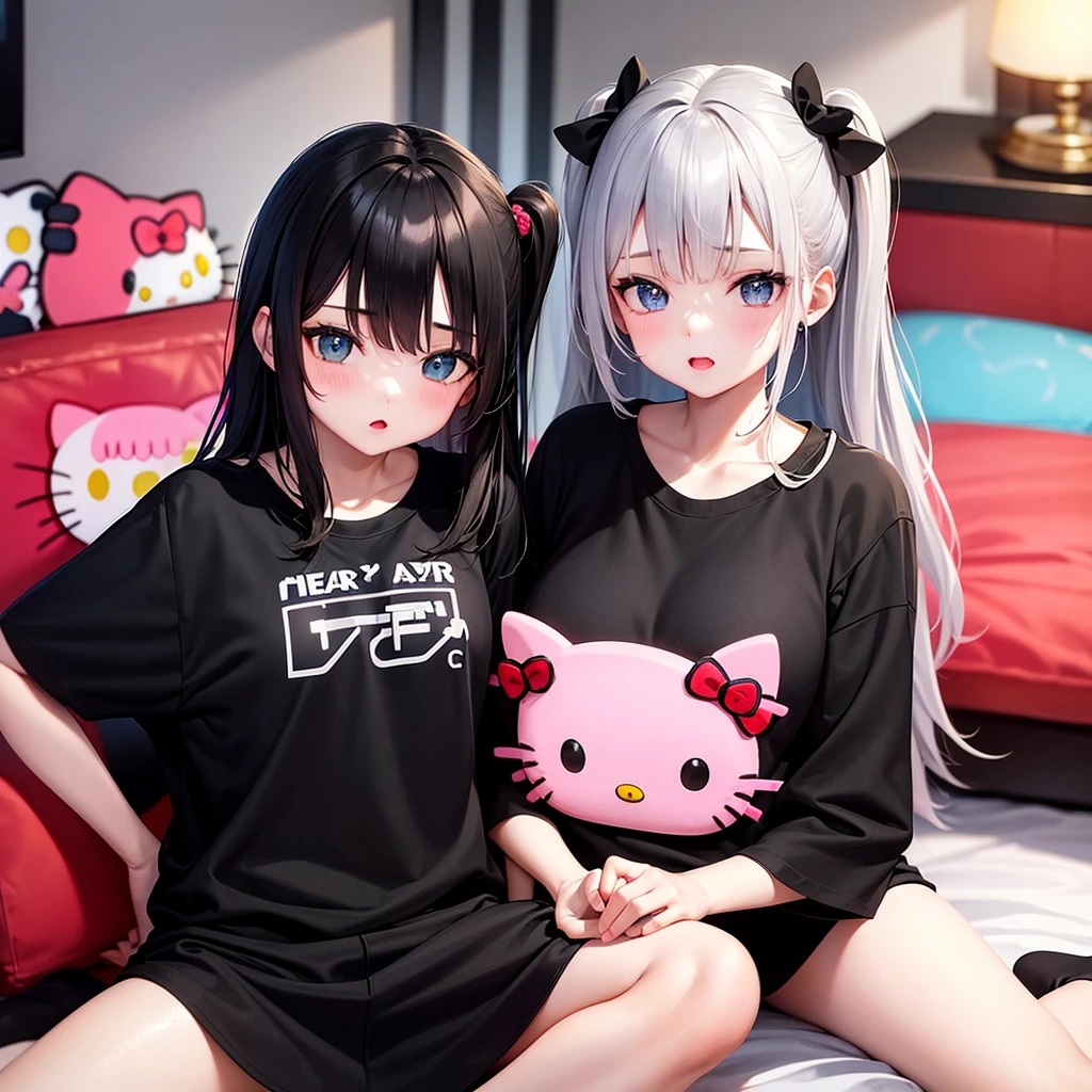 14 year old girl with black pant and black t shirt the t shirt has zidan logo in it the girls eyes are Bright blue her skin tone is white in the background she is in her personal room ( Hello kitty theme room)