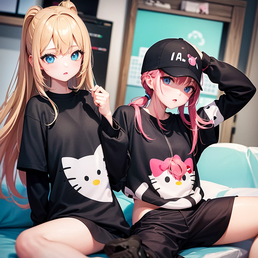 girl with black pant and black t shirt the t shirt has zidan logo in it the girls eyes are Bright blue her skin tone is white in the background she is in her personal room ( Hello kitty theme room)