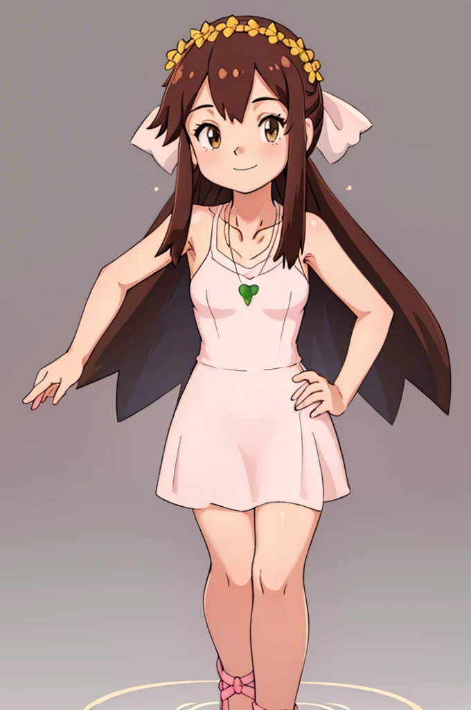 (Masterpiece:1.2), (best quality:1.2), intricate details, ultra detailed, Melody, 1girl, solo, breasts, looking at viewer, smile, simple background, shirt, white background, closed mouth, standing, collarbone, full body, little pink dress, short pink dress, green bean necklace, sleeveless, hand on hip, brown eyes, bare arms, close up, medium breast, city, walking 