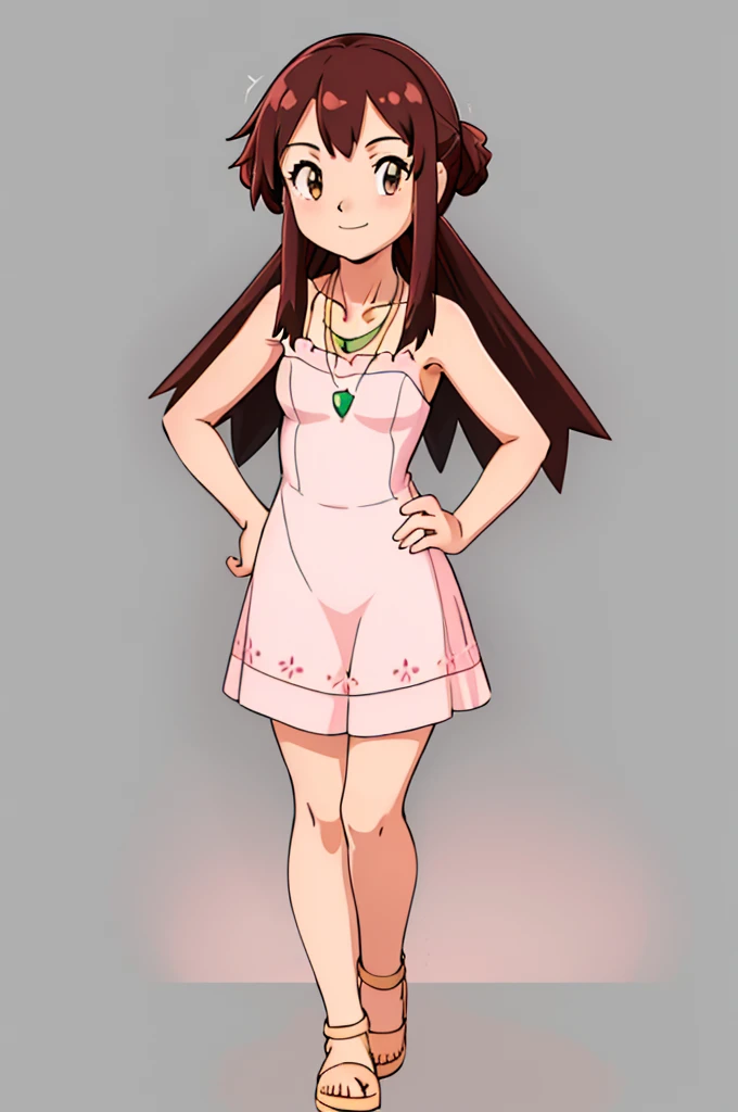 (Masterpiece:1.2), (best quality:1.2), intricate details, ultra detailed, Melody, 1girl, solo, breasts, looking at viewer, smile, simple background, shirt, white background, closed mouth, standing, collarbone, full body, little pink dress, short pink dress, green bean necklace, sleeveless, hand on hip, brown eyes, bare arms, close up, medium breast, city, walking 