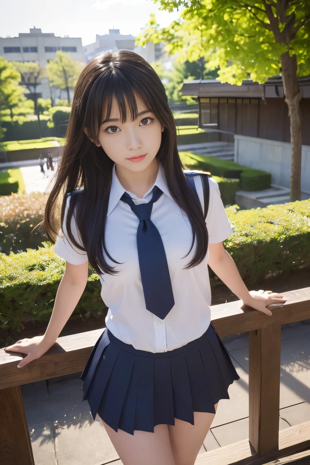 (RAW photo:1.2, Photoreal:1.4), beautiful detailed girl, Highly detailed black eyes, japanese woman, That&#39;s ridiculous, incredibly ridiculous,18-year-old ,stylish , (High resolution, very detailed, highest quality, table top), healthy body, ((Japanese girls&#39; high school uniform)),spring , Bruise,(perfect anatomy,beautiful limbs), stairs at school、silence,Idol , wonderful, (C cup:1.4, table top, highest quality,Gravure photography , )、light shines on your face, cinematic lighting, 1 girl,professional photography, ((Artistic)), ((dynamic pose))), (perfect bare legs、Shining thighs),look down from a high place，Panties are fully visible