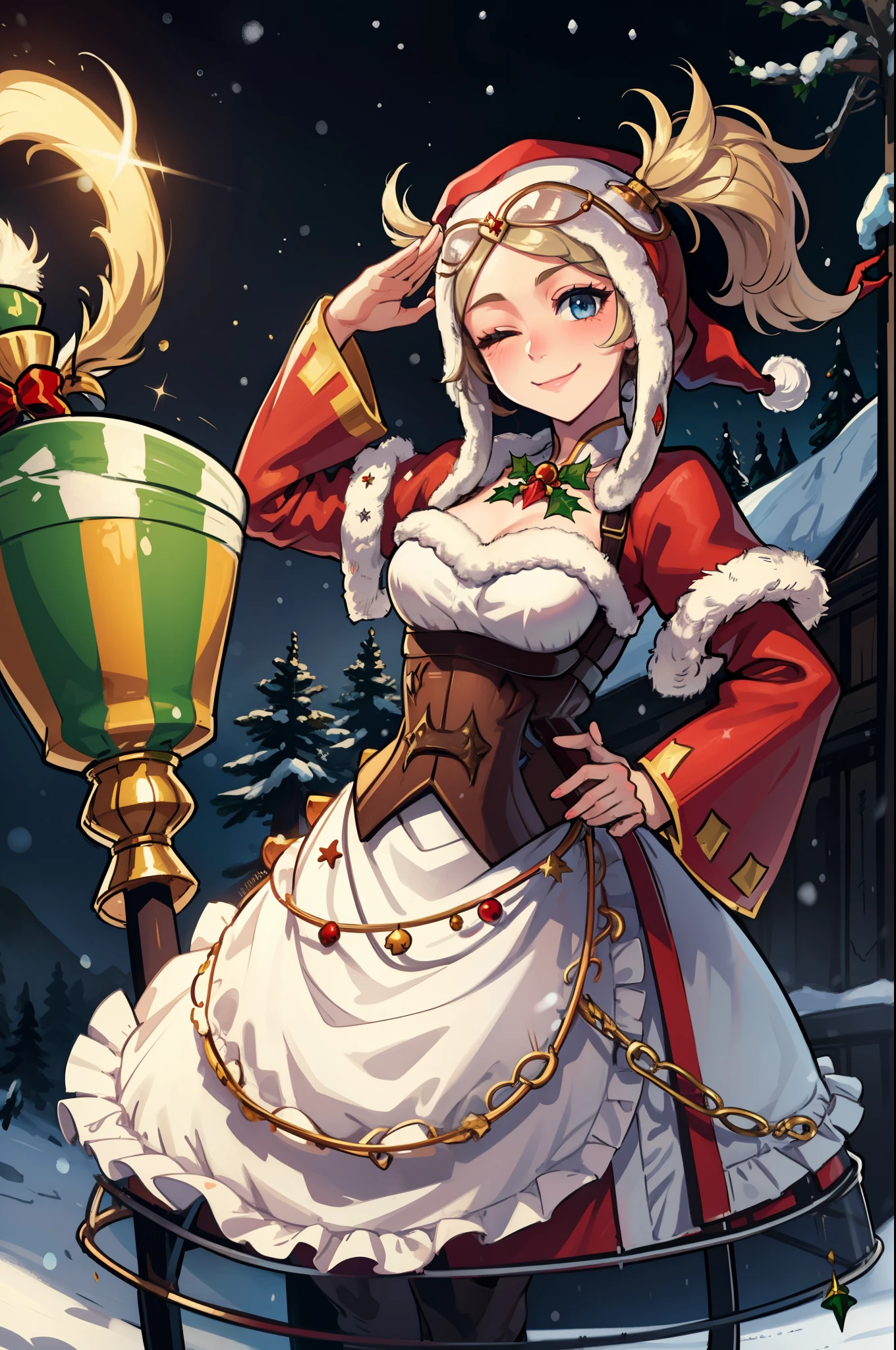 masterpiece, best quality, lissa, santa hat, santa costume, fur trim, smile, one eye closed, salute, winter, mistletoe, trees, snow, alpine forest 