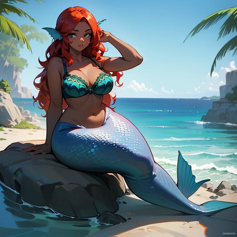 (((Alone))),(((Mermaid Woman))),(((Dark skin))),(((Green right eye))),(((Blue left eye))),(((Hair wavy redhead))),(curvy body), 8k, high quality,(((Wearing a shell bra))),(((sitting on a rock surrounded by the sea)))