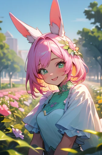 (upper body), (Best quality at best, A high resolution), (like a dream, a vibrant one), (detailed, Be expressive, aesthetic)1 girl, smile :p, active posing, beauty, light pink hair, rabbit ears costume, light green eyes, clear eyes, landscape, in the flower garden
