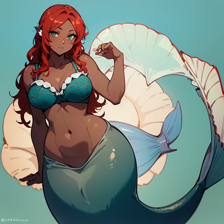 (((Alone))),(((Mermaid Woman))),(((Dark skin))), Heterocromia,(((Green right eye))),(((Blue left eye))),(((Hair wavy redhead))),(curvy body), 8k, high quality,(((Wearing a shell bra)))