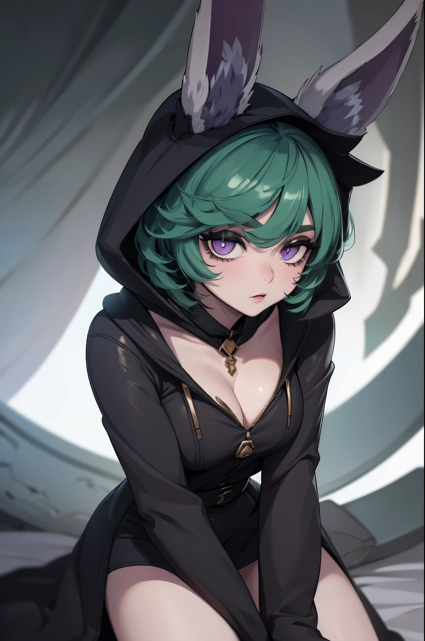 masterpiece,(best quality,top quality,8k),illustration,painting,detailed eyes and face,(1girl),vex,(green hair,short hair),(black dress,loose,cleavage:1.1),purple eyes,rabbit ears,black hoodie, pretty girl, beauty skin, ultra high res, raw photo, ultra detailed , detailed body , detailed eyes and face , (looking at viewer ),(puffy eyes) ,good contrast , high sharpness,(gorgeous),realistic,RAW Photography,(hyperdetailed:1.2)
