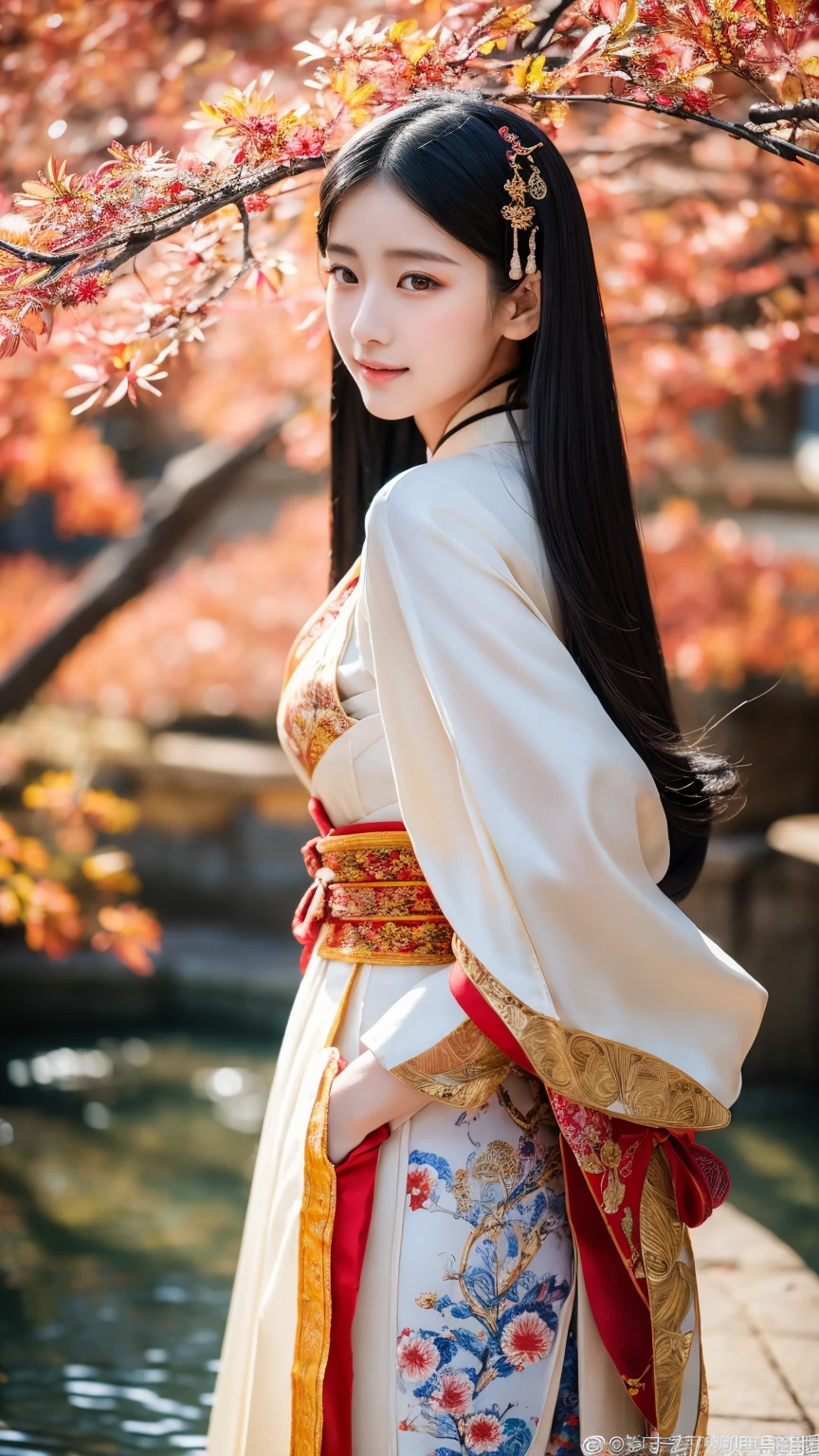 In the heart of Japan, a 20-year-old beauty wearing an exquisitely detailed hanfu graces the perfect artwork. With trending elegance and gracefulness, her long black hair cascades down in silky waves, adding to her enchanting allure. Crafted with hyper-realism and photorealistic techniques, every intricacy of the hanfu costume is depicted in 8K maximum resolution. The vibrant colors and intricate patterns are brought to life with stunning detail, showcasing the rich history and culture behind this traditional attire. The beauty's curves embrace the essence of seductive sophistication. Her facial features are strikingly