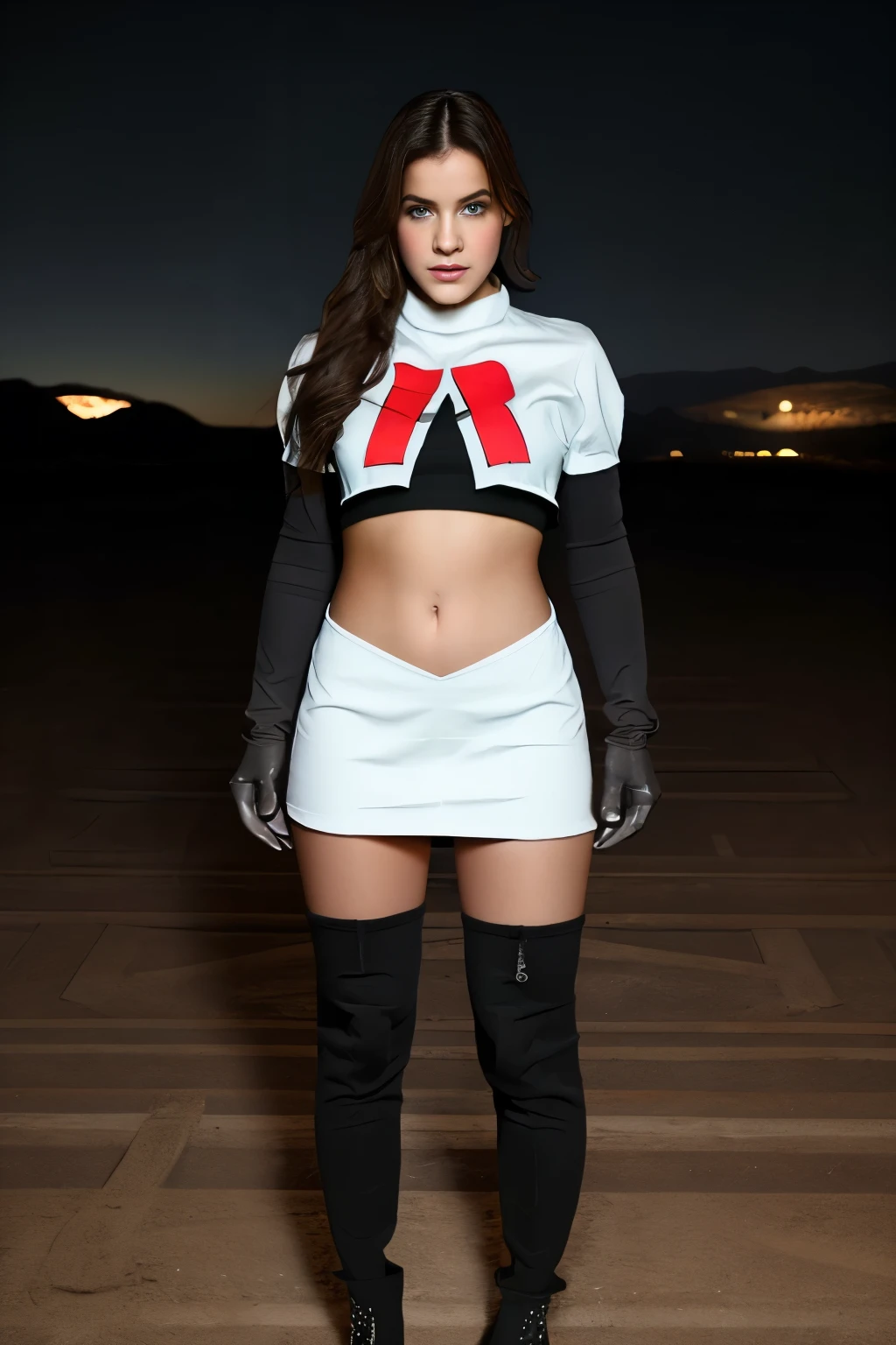 a Realistic photo of b4rb4r4p4lv1n woman wearing team rocket,team rocket uniform,white skirt,red letter R,crop top,black thigh-highs,black elbow gloves,