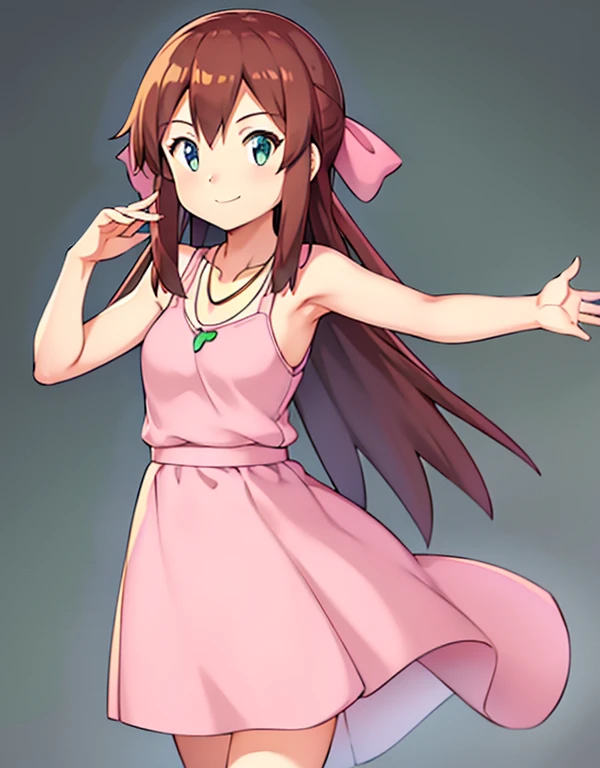 Melody, 1girl, solo, breasts, looking at viewer, smile, simple background, shirt, white background, closed mouth, standing, collarbone, full body, little pink dress, short pink dress, green bean necklace, sleeveless, hand on hip, brown eyes, bare arms, close up, medium breast, city, walking