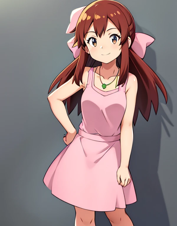 Melody, 1girl, solo, breasts, looking at viewer, smile, simple background, shirt, white background, closed mouth, standing, collarbone, full body, little pink dress, short pink dress, green bean necklace, sleeveless, hand on hip, brown eyes, bare arms, close up, medium breast, city, walking