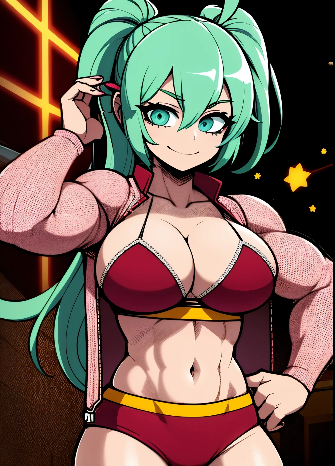 1girl,smile,cowboy shot, Wear a jacket,Big breasts Hatsune Miku,city neon light,looking at the stars, muscular