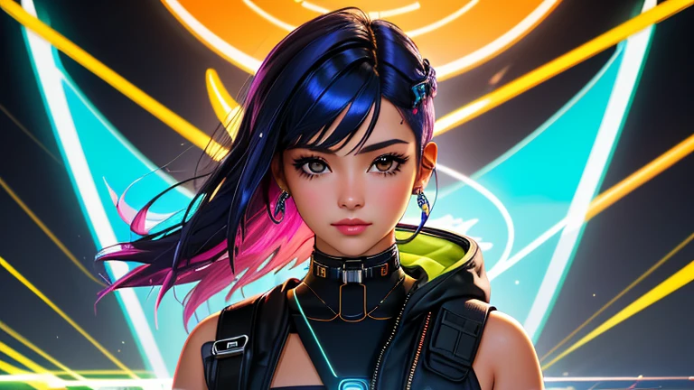 obra maestra, Mejor calidad, detalle intrincado, una obra de arte inspirada en el cyberpunk con una mujer futurista como hacker, Immersed in a neon-lit digital realm, piel, medio_corte de pelo_Peinado, tiro de vaquero, Cybernetic implant,