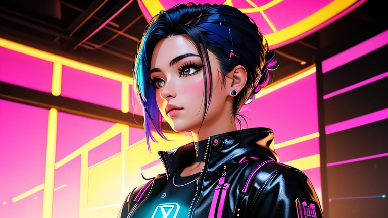 obra maestra, Mejor calidad, detalle intrincado, una obra de arte inspirada en el cyberpunk con una mujer futurista como hacker, Immersed in a neon-lit digital realm, piel, medio_corte de pelo_Peinado, tiro de vaquero, Cybernetic implant,