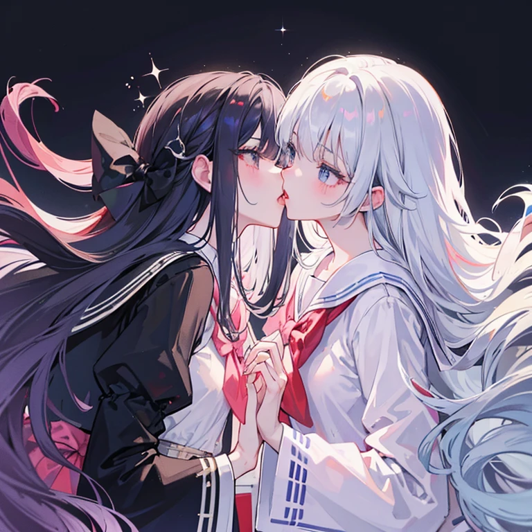 (best quality,ultra-detailed,realistic),2girls,white hairJK and gold hairJK,long flowing hair,detailed long hair,medium build,cool and mature,beautiful detailed eyes,beautiful detailed lips,school campus,small grove,french kiss,couple,yuri,sailor uniform,black and white color scheme with pink and purple accents,eyes full of stars and ocean