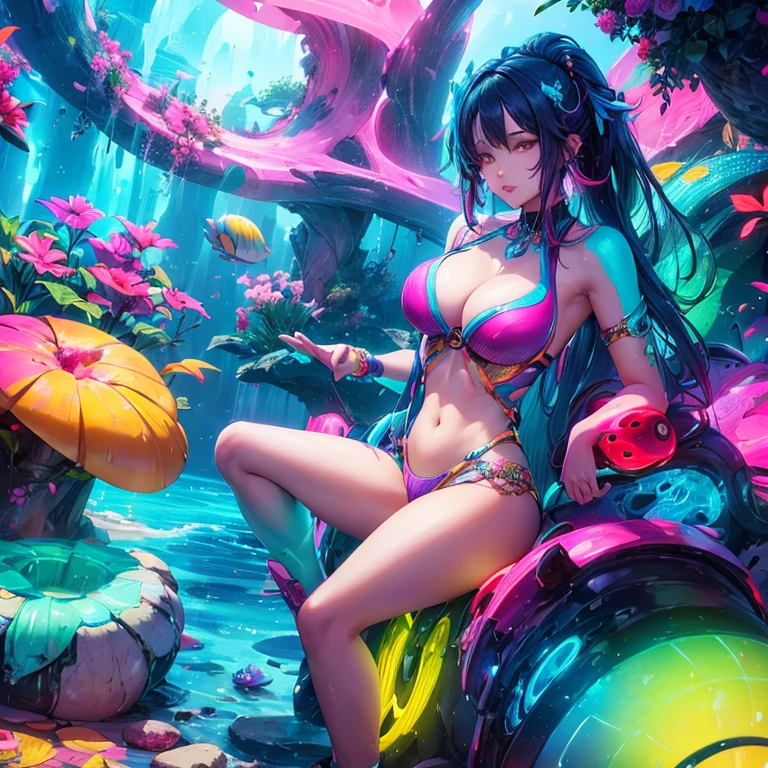 A beautiful young woman sits on a rock surrounded by vibrant neon colored shells. This gives the scene a futuristic and surreal feel.