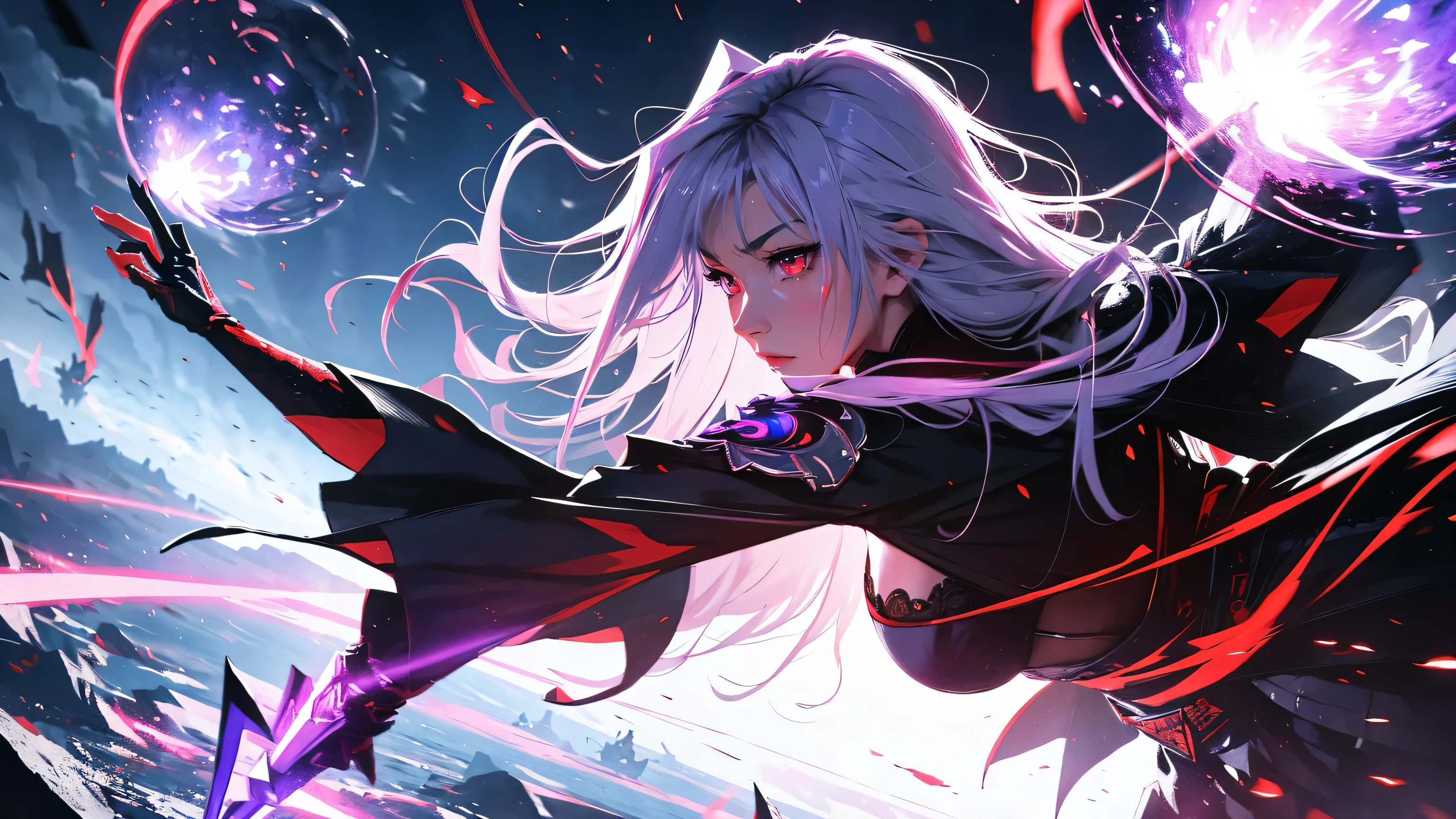 raiden shogun from genshin impact, (masterpiece, superior quality, best quality, official art, beautiful and aesthetic:1.2), lightning, (1girl), pretty and devilish girl, ((red eyes)), very long hair, absurdly dressed detailed, in the sky, detailed chaotic night, (color: 1.2), highest detailed cinematic light, (magic portal), evil light, (purple particles), (dark turbulence), big breasts,, delicate