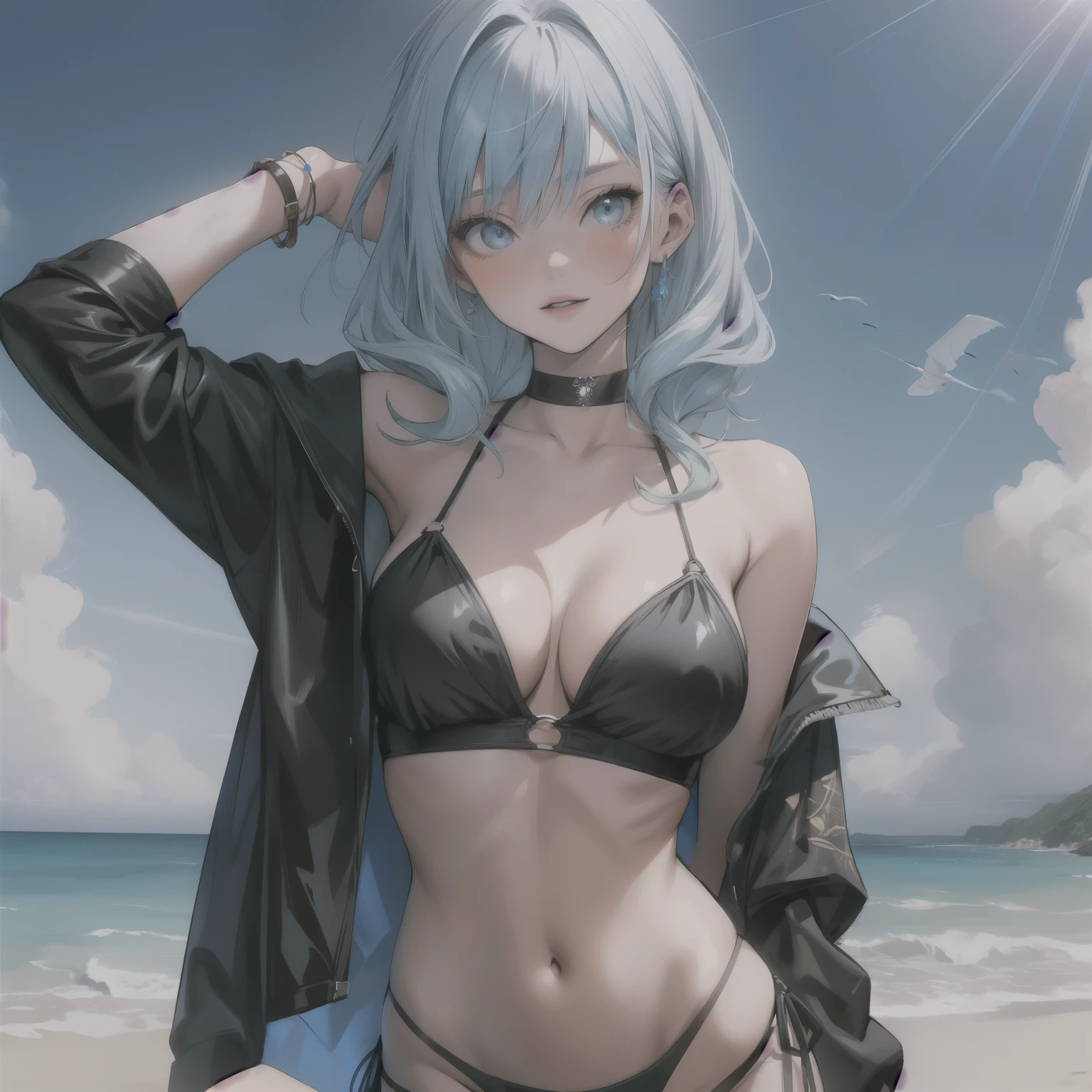 Women with long light blue hair modeling at the beach wearing a sexy black bikini