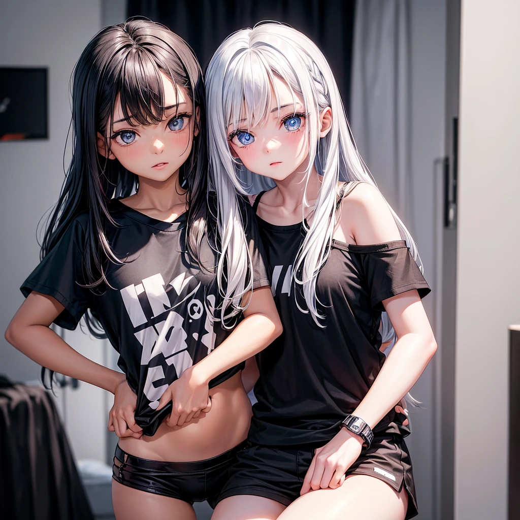  girl (one girl)with black pant and black t shirt the t shirt has zidan logo in it the girls eyes are Bright blue her skin tone is white in the background she is in her personal room her hair will be white or violate or golden in colour 