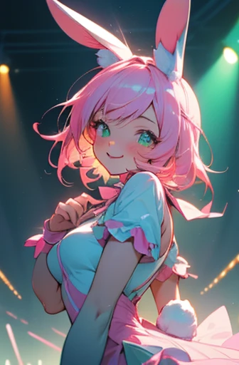 (upper body), (Best quality at best, A high resolution), (like a dream, a vibrant one), (detailed, Be expressive, aesthetic)1 girl, smile :p, active posing, beauty, light pink hair, rabbit ears costume, light green eyes, clear eyes, stage lights