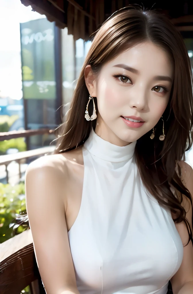 first person perspective, (masterpiece:1.3), (maximum resolution:1.4), (Ultra HDTV:1.2), Ultra HDTV, (fine eyesと肌), (detailed facial features), HDR, 8K resolution, sharp focus:1.2, perfect style, beautiful face, Highly detailed face and skin texture, fine eyes, double eyelid, thin eyebrows, glitter eyeliner:1.2, 青whiteい頬, Glossy skin, 色white:1.2, shiny little neckless and crystal earrings,, glossy lips:1.2,
break,
((upper body shot:1.2)), (wearing a sleeveless High neck halter neck white dress:1.2)), (High neck halter neck), (white:1.2), (sexy clavicle), ((innocent and cute girl:1.3)), (layered hairstyles, dark brown hair), medium long hair, (Very provocative smile:1.2), medium to large breasts,
break,
(Sitting on the terrace chair:1.2), ((gently lifted her chin.:1.3)), In a fashionable outdoor café, From a little above,