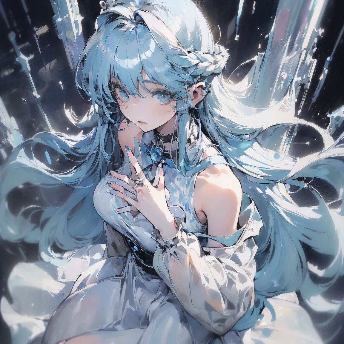 ((masterpiece:1.3)), ((realistic:1.2)), ((high quality:1.1)), ((detailed eyes and hair:1.1)), ((manhwa artstyle)), one girl, solo, 4K, 8K, official art professional, a girl wearing a long dress imperial kingdom in manhwa story, ((clear blue aquamarine eyes:1.2)), beauty silver hair with long length under shoulder, she is an innocent girl ((detailed hands:1.2)),((heroine looks:1.2)).