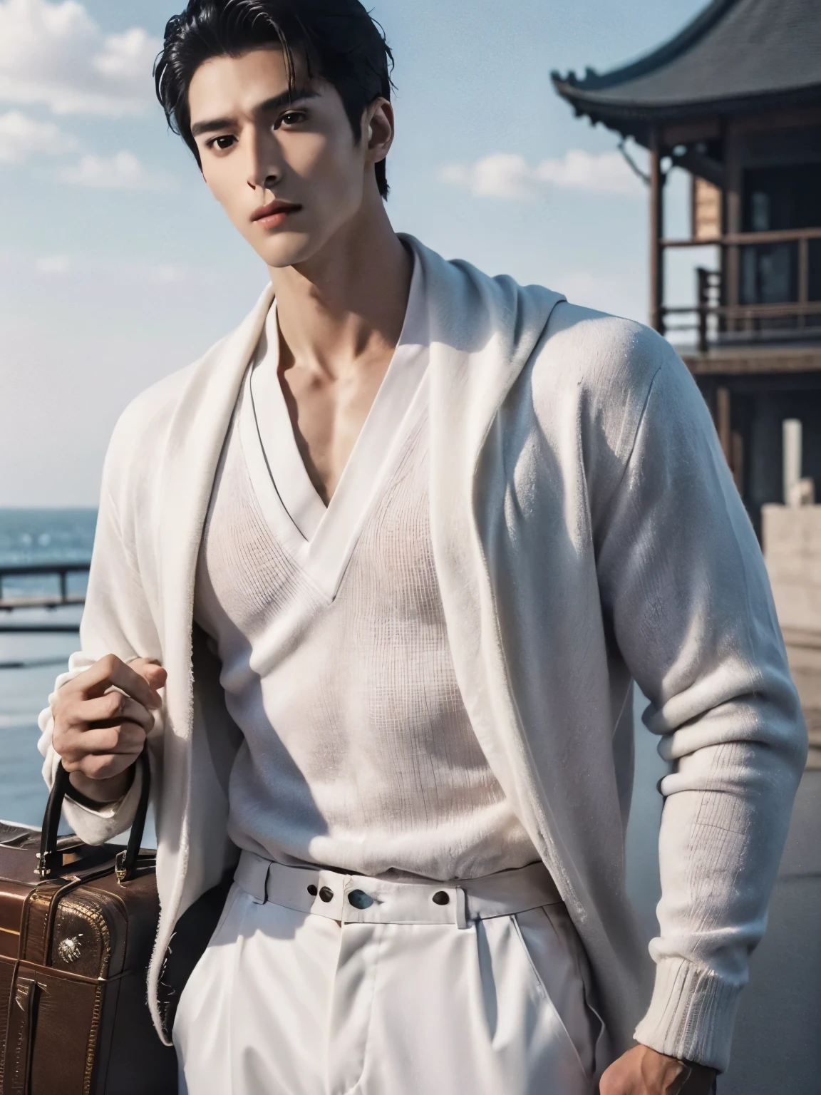  (male character design），（Messy white flying long hair：1.2）, （Affectionate Chinese handsome guy Lan Ling flies with suitcase：1.37），（Pan An’s outfits for modern and fashionable men&#39;s blue sweater suit pants：1.37），Pan An’s skin is fair and flawless，The bridge of his nose is high and straight，(long,Messy shawl hair：1.1），（double eyelids, Bright Eyes, Big clear and bright eyes），sad prince，Food with red lips and white teeth，gentle melancholy，Pan An is tall and tall.，He has a strong physique，Toned muscles，Fresh and toned abs, His exquisite facial features，Kingly style， （Main color blue：0.8）