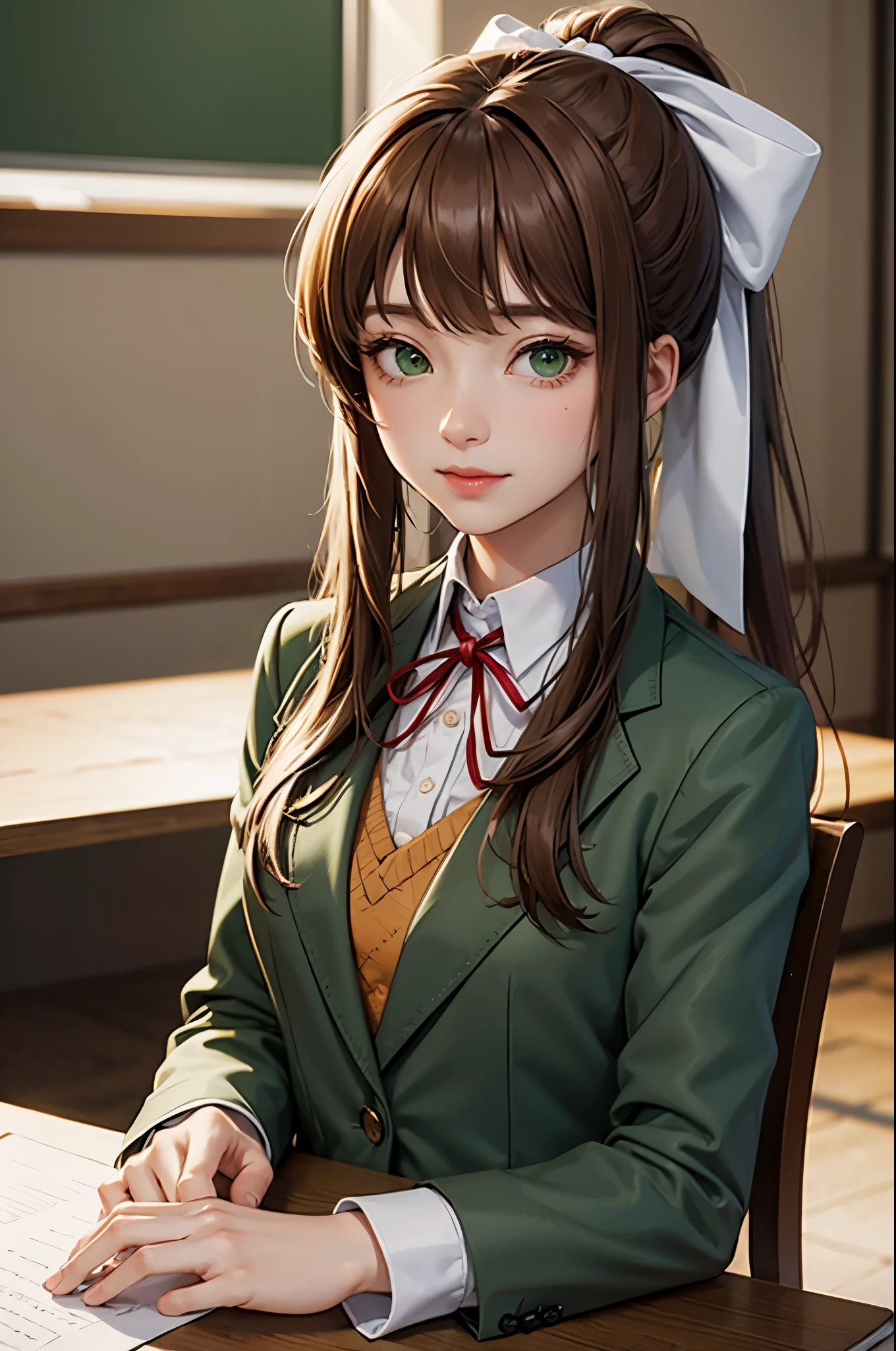 (face portrait:1.2), upper body, (masterpiece), best quality, expressive eyes, perfect face, highres, 1 girl, solo, ddlcmonika, blunt bangs, brown hair, (green eyes:1.5), long hair, ponytail, ribbon, white ribbon, hair ribbon, sidelocks, brown jacket, jacket, long sleeves, school uniform, zettai ryouiki, smiling, indoors, classroom background, standing, looking at the viewer