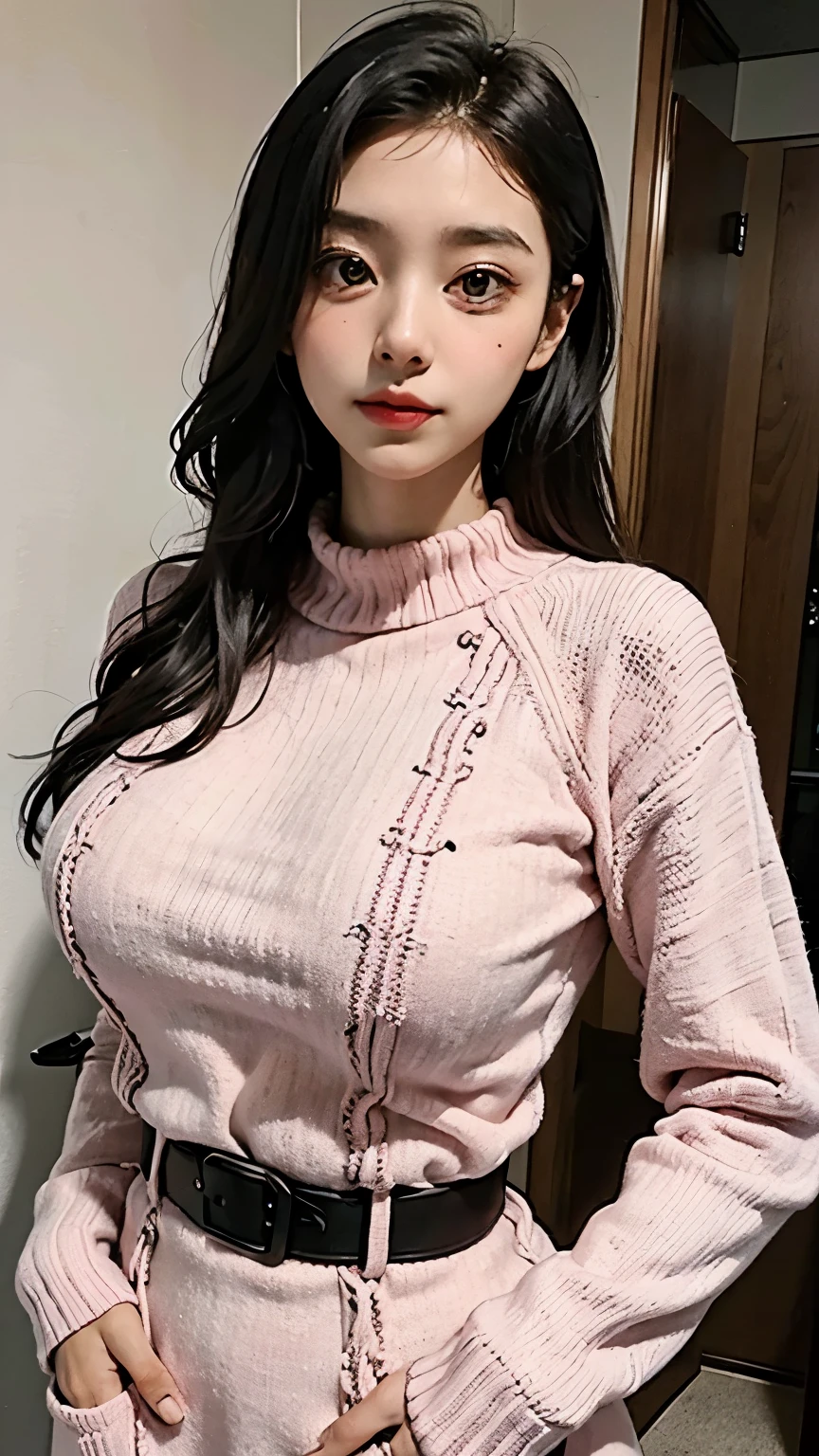 Woman body set gigantic breasts, wearing a pink sweater with exposed breasts  cosplay, gigantic breasts,
